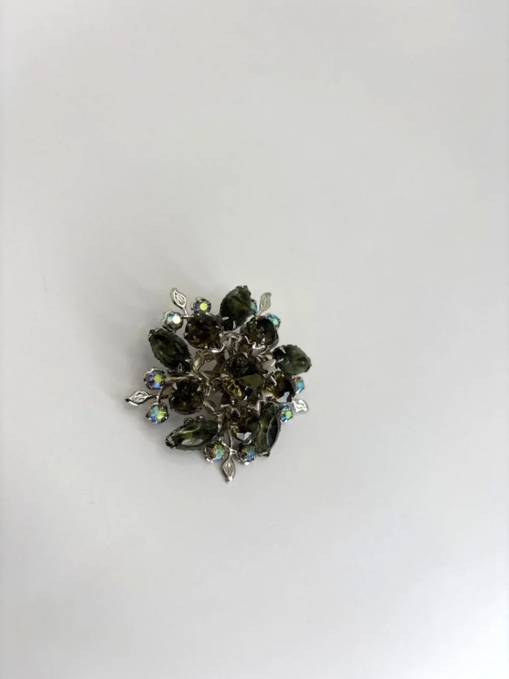 Vintage Mid Century Silver Tone Smoky AB Rhinestones Floral Sunburst Brooch Pin